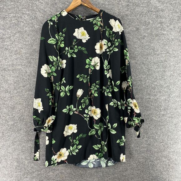H&M Dress Women 6 Black Floral Shift Short Crew Neck Long Sleeve Pullover Casual - Picture 1 of 7